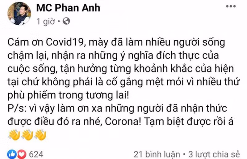 Bi nem da vi “cam on Covid-19“, MC Phan Anh tuyen bo “cach ly” Facebook-Hinh-2