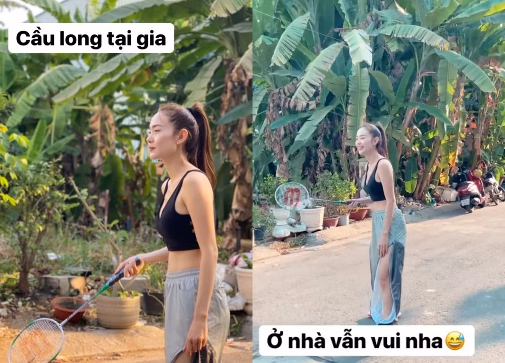 Minh Hằng chăm chỉ tập đánh cầu lông tại nhà. Người hâm mộ không khỏi bật cười trước kiểu ăn mặc của cô,