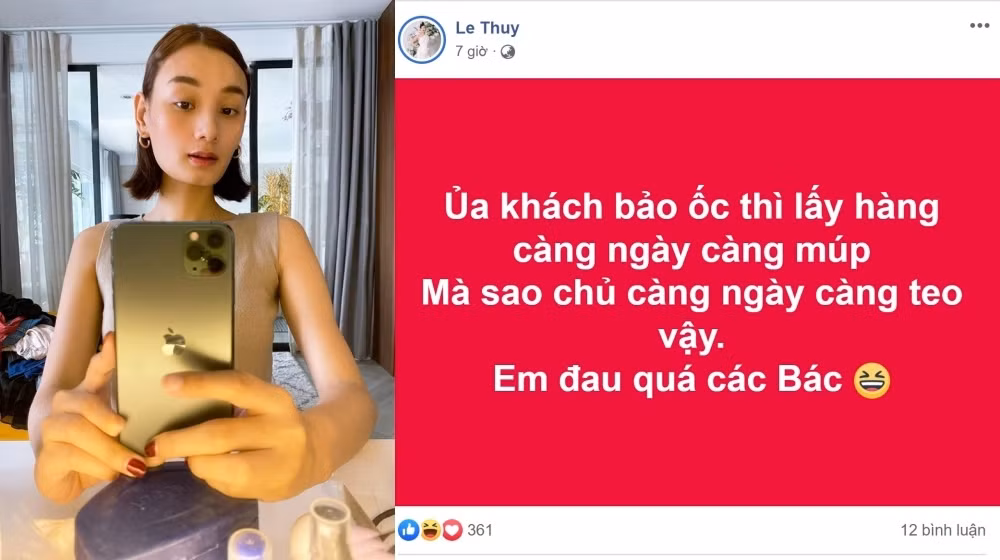 Người mẫu Lê Thúy ngậm ngùi chia sẻ về việc bị người khác nhắc đến chuyện cân nặng: “Ủa khách bảo ốc thì lấy hàng càng ngày càng múp mà sao chủ càng ngày càng teo vậy. Em đau quá các bác”. Trước đó, cô đã sụt hết 10kg do suy nhược cơ thể sau 2 tháng làm việc liên tục.
