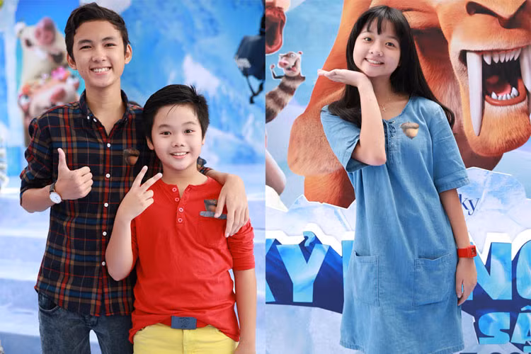 Buổi họp báo công chiếu phần 5 của series "Kỷ băng hà" còn thu hút nhiều gương mặt nhí nổi tiếng. Trong ảnh, bộ ba "Tôi thấy hoa vàng trên cỏ xanh" hội ngộ khi cùng đến xem phim.