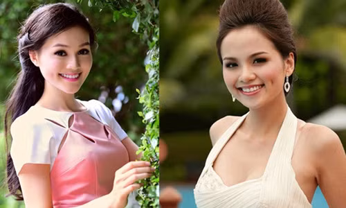 Trần Thị Thu Hiền (trái) có nhiều nét tương đồng với Hoa hậu Thế giới người Việt 2010 Diễm Hương từ gương mặt đầy đặn, má lúm đồng tiền đến nụ cười ngọt ngào. 
