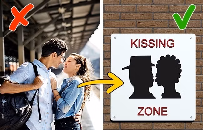 Bạn không được hôn tại nhà ga xe lửa nước Pháp Luật này có hiệu lực cả ở Pháp và một số trạm ga xe lửa ở Anh. Những người yêu nhau đều bị cấm hôn tại các trạm xe lửa. Luật này có hiệu lực vào năm 1910 vì một cặp vợ chồng không muốn chia tay đã làm trì hoãn thời gian của tàu và cản trở người qua lại. Kết quả là các nhà chức trách cấm hôn tại nhà ga nhưng có “khu vực hôn” dành riêng cho những đôi yêu nhau.
