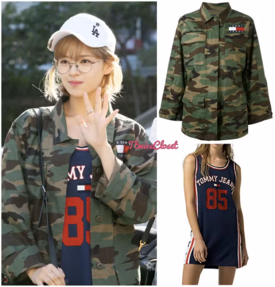 Jung Yeon mạnh mẽ với set đồ gồm áo khoác họa tiết camo của Tommy Hilfiger với giá 240 USD (khoảng 6 triệu đồng) cùng mẫu tank top dáng dài mang cảm hứng thể thao. Cô cũng chứng minh tư duy sáng tạo khi phối thêm phụ kiện như nón lưỡi trai, mắt kính và túi xách đơn giản.