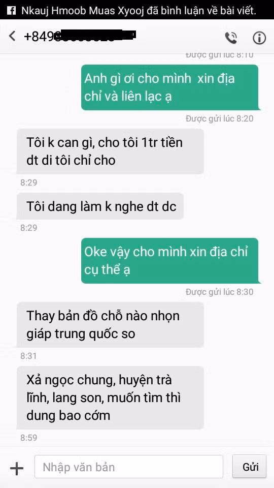Nội dung tin nhắn người lạ nhắn cho anh Thào A Phía (ảnh gia đình cung cấp)