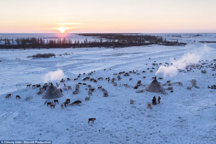 Một khu vực sinh sống của người Nenets nhìn từ trên cao.