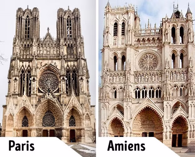 Nhà thờ Notre-Dame de Paris / Nhà thờ Amiens: Cả 2 nhà thờ đều là kiểu kiến trúc Gothic ở Pháp. Notre-Dame nằm ở thủ đô còn Amiens nằm ở phía Bắc đất nước.