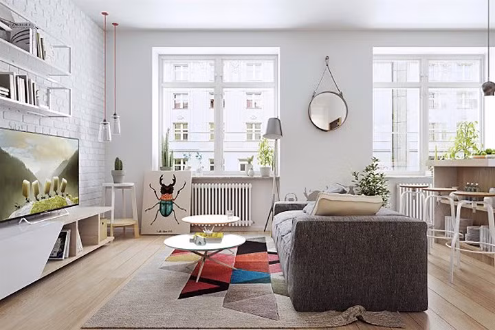 Ngôi nhà này là một ví dụ tuyệt vời cho phong cách thiết kế Bắc Âu. Sự phá cách đến từ chiếc gương treo tường phong cách Pháp của nhà thiết kế Jacques Adnet.