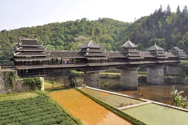 Cầu tránh gió và mưa, Sanjiang, Trung Quốc. Cây cầu giống như một lối đi dài phủ kín năm gian với mái bằng gỗ, được xây dựng để cung cấp nơi trú gió và mưa cho người dân. Điều làm cho cây cầu này trở nên độc đáo là không có một chiếc đinh nào được sử dụng trong quá trình xây dựng.
