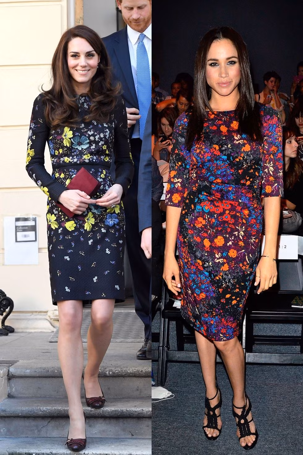 Kate Middleton và Meghan Markle cùng diện đầm họa tiết hoa kín đáo, thanh lịch.