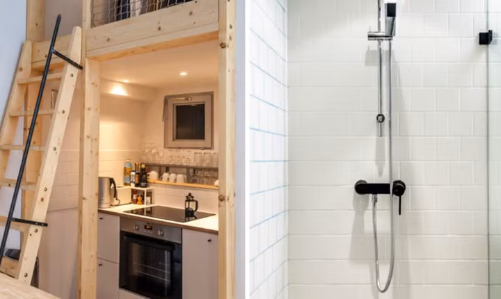 Bên dưới gác xép là một nhà bếp đầy đủ và phòng tắm nhỏ bên cạnh.