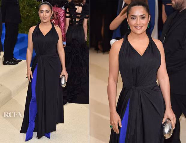 Cũng tại sự kiện Met Gala, Salma Hayek gây chú ý với boots màu xanh, kiểu dáng dài như quần skinny. Theo thông tin từ nhà mốt, boots làm từ chất liệu Spandex co giãn, gót cao khoảng 12 cm.