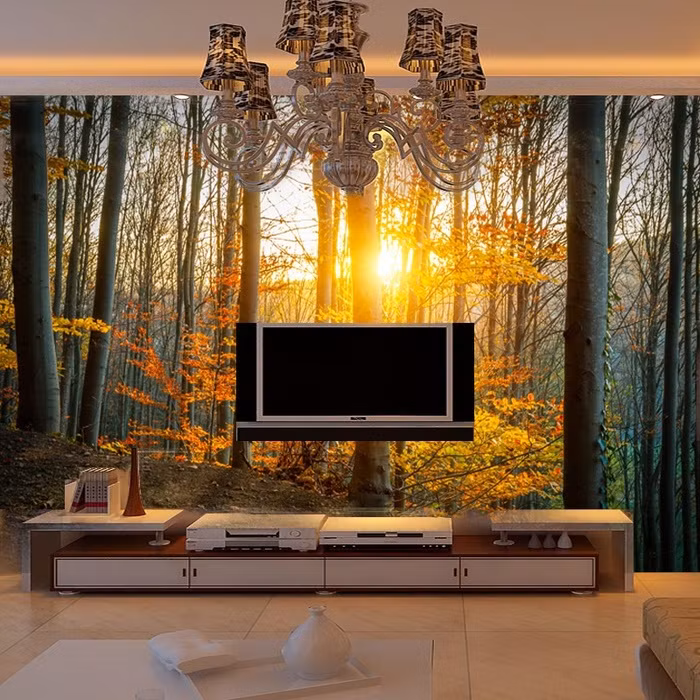 Khi chọn giấy dán tường 3D, bạn phải để ý cả màu sắc của đồ nội thất và thiết kế hệ thống đèn nhằm giúp căn nhà có sự hài hòa. Chủ nhân của căn phòng trên đã kết hợp đèn ánh sáng vàng để giúp giấy dán tường thêm sinh động.