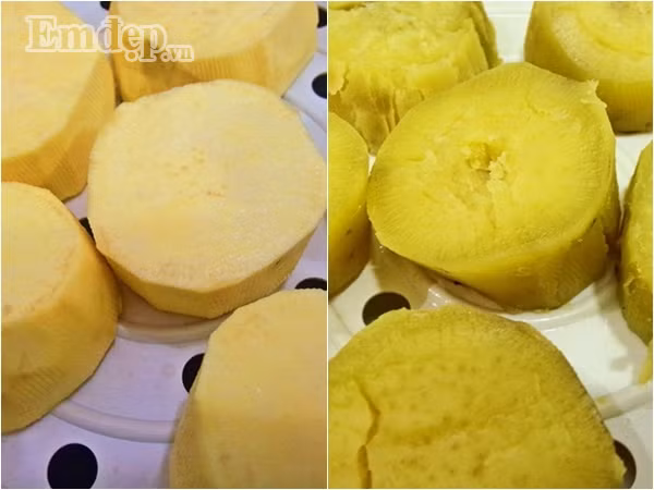 Cách làm món salad thịt heo rau củ như sau: Bước 1: Khoai lang gọt vỏ cắt khoanh rồi cho vào nồi hấp chín.