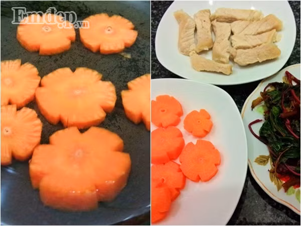 Bước 2: Luộc chín thịt heo, cà rốt, rau rền. Sau đó thái thịt thành từng miếng vừa ăn.
