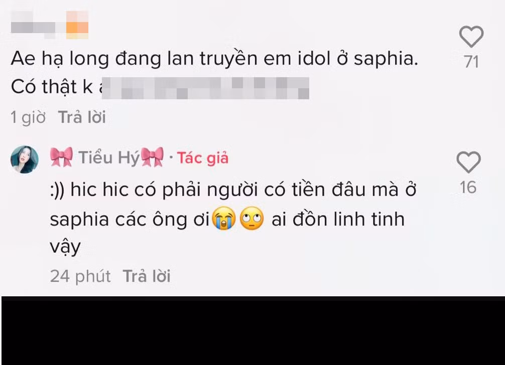 Sau khi vướng vào lùm xùm trên, Tiểu Hý đã có động thái đầu tiên. Cụ thể, dưới một bình luận của cư dân mạng cho rằng Tiểu Hý là "Idol" ở khu Sapphire Hạ Long, cô nàng nhanh chóng đáp trả: "Có phải người có tiền đâu mà ở Saphia các ông ơi, ai đồn linh tinh vậy?".