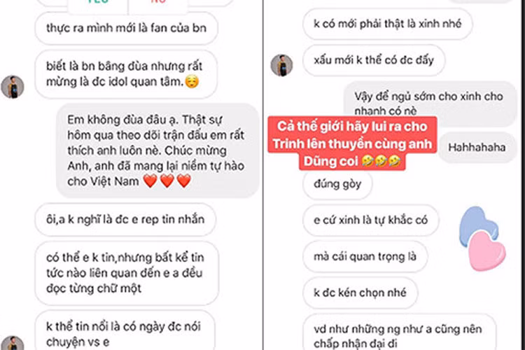 Nữ diễn viên còn tung ảnh chụp tin nhắn giữa cô và Bùi Tiến Dũng. Theo đó, thủ môn thú nhận là một fan của Angela Phương Trinh.