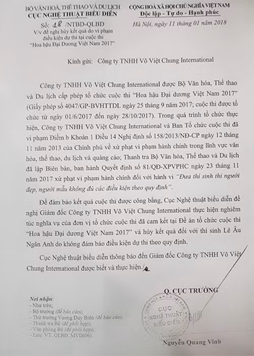 Văn bản Cục NTBD đề nghị thu hồi vương miện của Lê Âu Ngân Anh. Ảnh: An ninh thủ đô