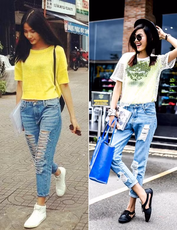 Hoàng Thùy cũng gây chú ý khi diện jeans rách xuống đường. Ảnh: media.