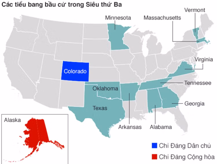 Các tiểu bang bầu cử trong ngày "Siêu Thứ Ba", trong đó Texas là bang quan trọng cả về kích cỡ và ý nghĩa.