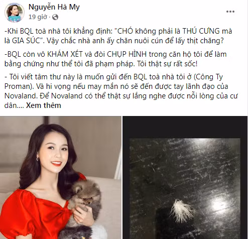 Mới đây, hot girl Sam (tên thật là Nguyễn Hà My) đăng tải lên mạng xã hội câu chuyện bản thân bị BQL một chung cư cao cấp ở Sài Gòn liên tục gây bất lợi cho cô nàng trong suốt thời gian sinh sống, đặc biệt là vấn đề "ép" phải chuyển nhà do liên quan đến việc nuôi chó trong chung cư.