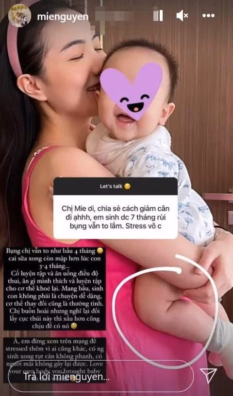 Từ khi trở thành mẹ bỉm sữa, hot girl Mie Nguyễn chăm chỉ đăng ảnh khoe vóc dáng hơn, đồng thời có nhiều chia sẻ về chuyện chăm con, giữ dáng sau sinh.