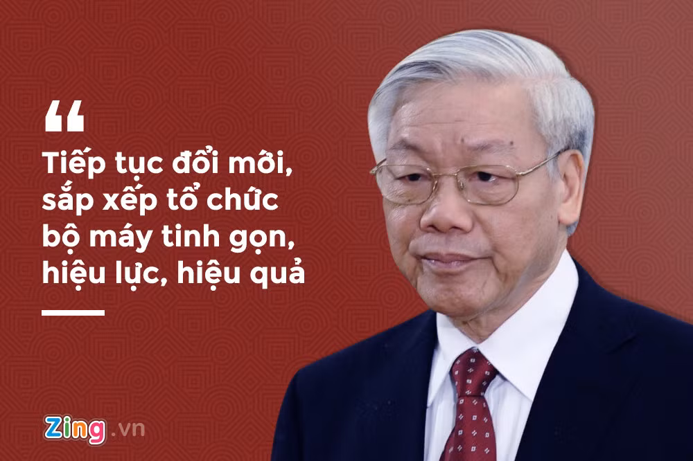 Lần đầu tiên tới dự và phát biểu tại Hội nghị Chính phủ với các địa phương, triển khai nhiệm vụ năm 2018, Tổng bí thư nhấn mạnh quan điểm "Phải phát triển nhanh và bền vững hơn để không tụt hậu, từng bước theo kịp các nước tiên tiến trong khu vực và trên thế giới". Trong đó, điều quan trọng là tiếp tục đổi mới, sắp xếp tổ chức bộ máy tinh gọn, hiệu lực, hiệu quả, chú trọng hơn nữa công tác cán bộ để lựa chọn, bố trí những cán bộ thật sự có đức, có tài, liêm chính, tâm huyết, thực sự vì Đảng, vì dân vào các vị trí lãnh đạo trong bộ máy Nhà nước.