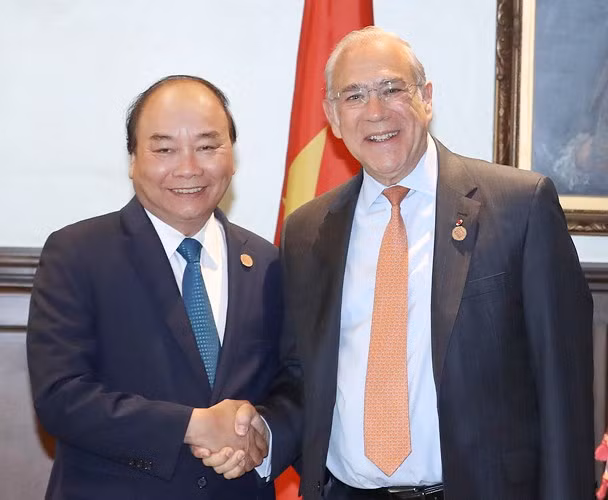 Trong chiều 8/6, tại Québec, Thủ tướng Nguyễn Xuân Phúc tiếp Tổng Thư ký Tổ chức Hợp tác Kinh tế Phát triển (OECD)./.a