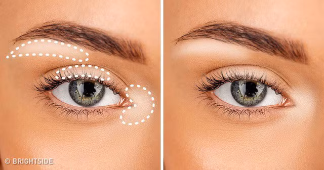 7. Làm nổi bật đôi mắt với phấn highlight Nếu bạn trông mệt mỏi, thiếu sức sống thì thủ thuật này sẽ giúp bạn trông rạng rỡ, sáng sủa hơn. Đánh một ít phấn highlight dưới lông mày, sử dụng bút kẻ mắt màu trắng tô lên vùng giữa mí mắt và ngay cạnh khóe mắt cạnh mũi. Khuôn mặt bạn sẽ sáng bừng lên trông thấy.