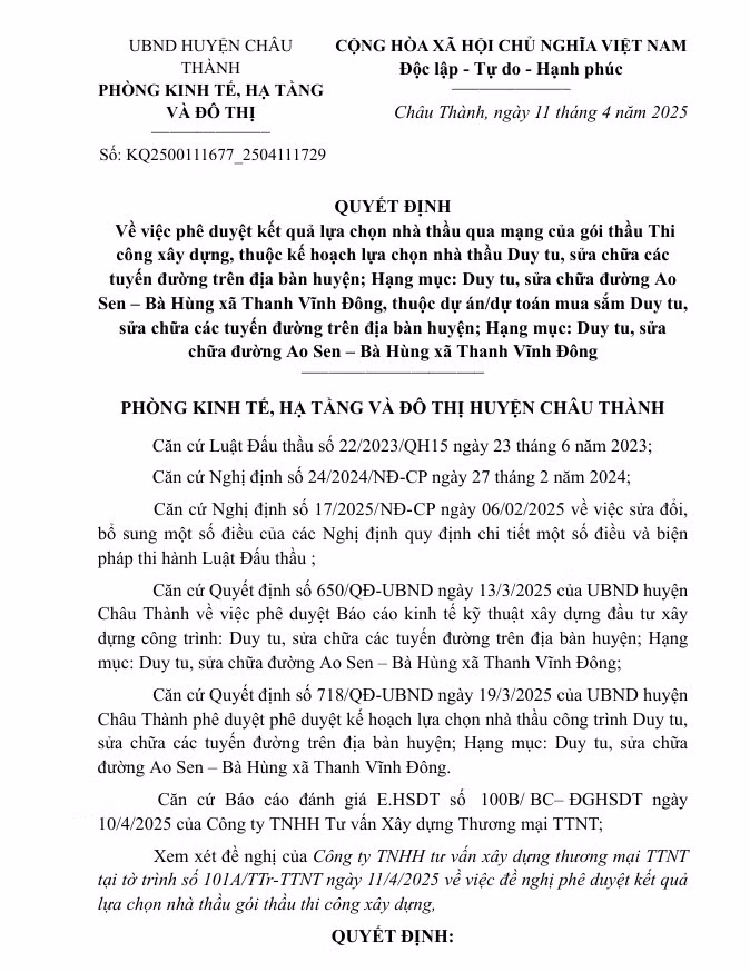 Long An: Một ngày, Cty An Lộc Long trúng 2 gói xây lắp tại Châu Thành Long An: Mot ngay, Cty An Loc Long trung 2 goi xay lap tai Chau Thanh