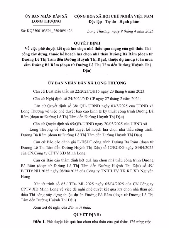 Long An: Cty Minh Tung trung goi thau thi cong duong Ba Ram