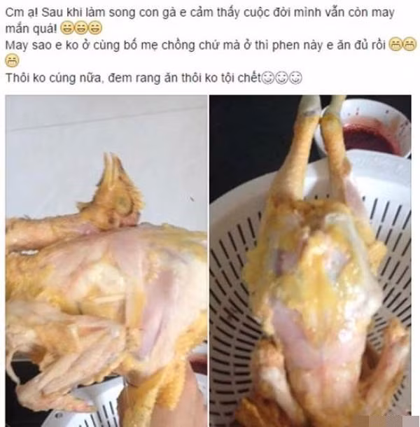 Chú gà đáng thương bị lột sạch da và lộ hết cả gân thịt ra ngoài do con dâu tương lai thể hiện.