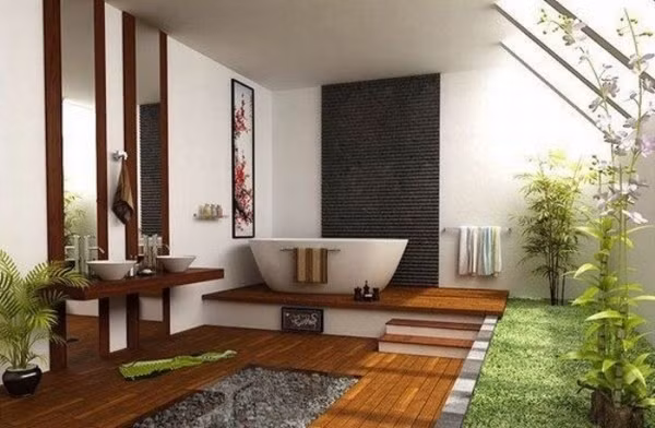 Bên cạnh đó, sàn nhà tắm thay vì lát gạch hoa, bạn có thể lát gỗ hoặc sỏi cho không gian mộc mạc và độc đáo. Bạn cũng có thể tô điểm cho phòng tắm bằng thảm cỏ nhân tạo ở một góc nào đó của phòng. Ảnh: Internet.