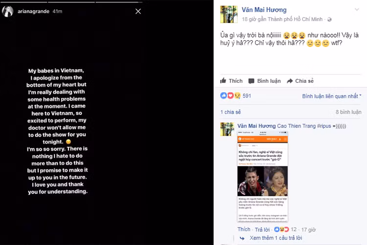 Văn Mai Hương tỏ ra vô cùng thất vọng trước cách Ariana Grande hủy show ở Việt Nam ngay trước giờ diễn qua story của Instagram - một chế độ mà chia sẻ sẽ biến mất trong 24h.