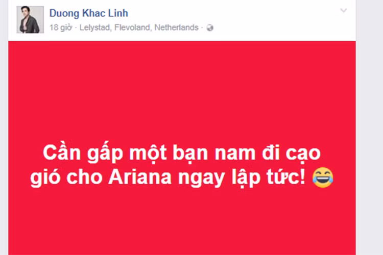 Dương Khắc Linh cũng đăng tải status hài hước Ariana cần đến sự giúp đỡ sau thông báo hủy show vì lý do sức khỏe.
