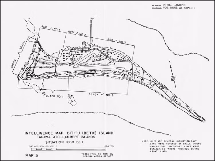 Bản đồ đảo Tarawa, hòn đảo lớn nhất thuộc quần đoả Gilbert. Chiến dịch tiến chiếm Gilbert của Mỹ được khởi động từ mùa hè cùng năm. Nguồn ảnh: BI.
