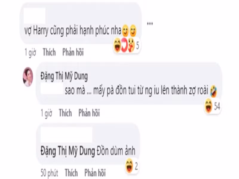 Ở dưới phần bình luận, một khán giả đã trêu đùa nữ diễn viên: "Vợ Harry cũng phải hạnh phúc nha". Trước màn gán ghép với Harry Lu, cô nàng không giấu khỏi bối rối nhưng vẫn vui vẻ trả lời: "Sao mà … mấy bà đồn tui từ người yêu lên thành vợ rồi".