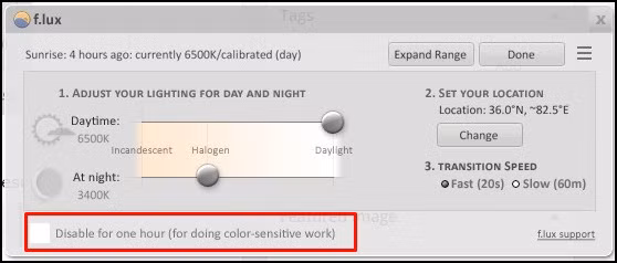 Bạn có thể bỏ chọn mục "Disable for one hour" nếu bạn muốn thực hiện quá trình đo nhạy cảm màu sắc.