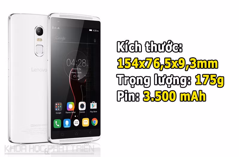 Mặt trước của Lenovo Vibe X3 được trang bị cặp loa stereo với công nghệ âm thanh Dolby Atmos.