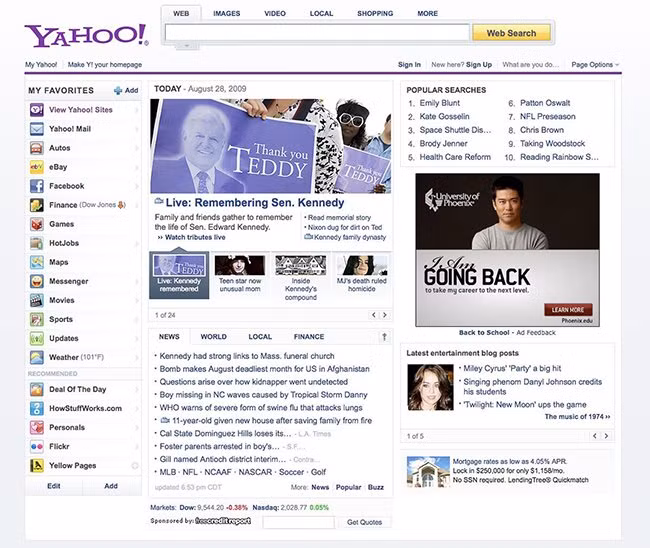 Trang Yahoo! năm 2009. Yahoo! bắt đầu thay đổi logo sang màu tím chủ đạo từ năm 2008 và giữ nguyên tới năm 2009.