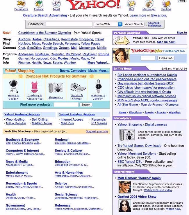 Trang Yahoo! năm 2004. Yahoo! Messenger từng là phần mềm không thể thiếu trên mọi chiếc máy tính có kết nối internet.