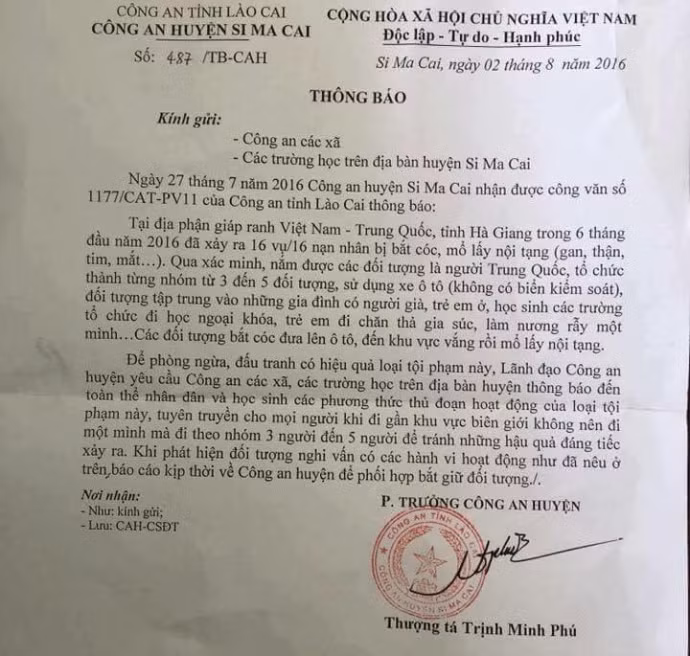 Văn bản thông báo cảnh giác bắt cóc, mổ lấy nội tạng được cho là của Công an huyện Si Ma Cai (Lào Cai).
