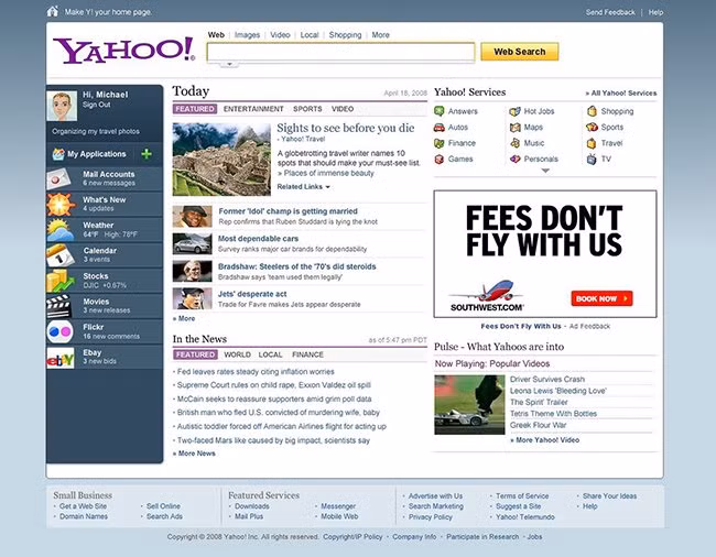 Trang Yahoo! năm 2008. Năm này, Microsoft đã đề nghị mua lại Yahoo! với giá 43 tỉ USD, nhưng Yahoo! từ chối.