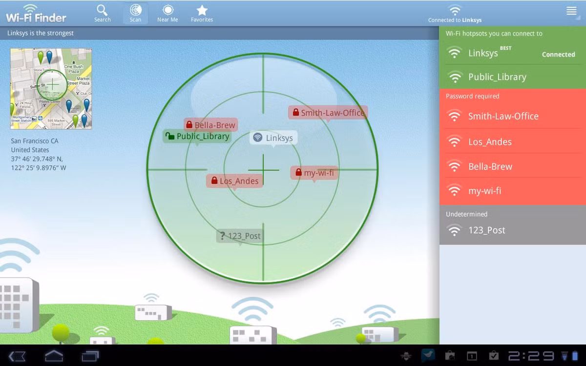 Ứng dụng Wi-Fi finder giúp bạn tìm được địa điểm có chia sẻ Wi-Fi công cộng, đặc biệt là điểm miễn phí.