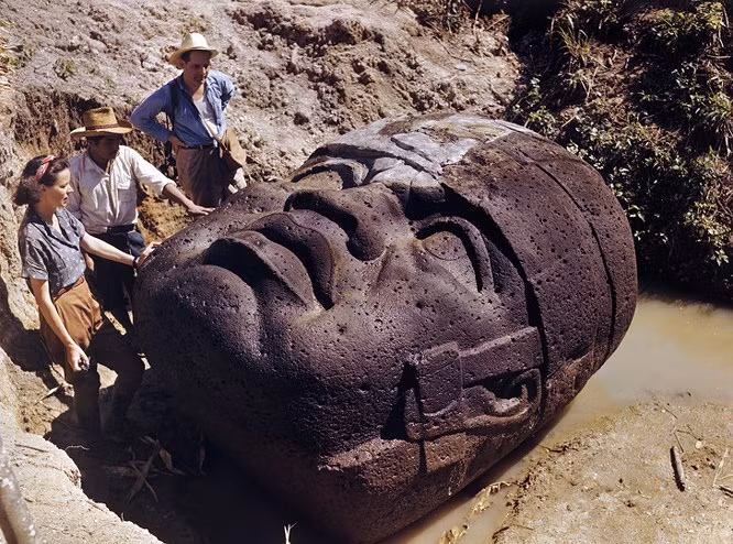  8. Đầu người bằng đá khổng lồ tại La Venta, Mexico, 1947: Bức ảnh này cho thấy các nhà khảo cổ học đang nghiên cứu một đầu đá khổng lồ Olmec ở La Venta, Mexico. Tổng cộng có 17 tượng đầu người được tìm thấy và khơi lên rất nhiều câu hỏi: làm thế nào mà người ở thời đó có thể tạo ra những bức tượng lớn và nặng như thế? Họ sử dụng công cụ nào? Họ vận chuyển vật liệu ra sao? Và tại sao họ cần tạo ra những cái đầu khổng lồ như vậy? Còn có rất nhiều các tượng nhỏ khác nữa bên cạnh 17 tượng khổng lồ này.