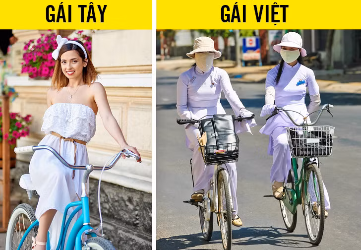  5. Người Việt thích da trắng: Cũng như nhiều nước châu Á thì phụ nữ Việt cũng quan niệm da trắng là đẹp và quyến rũ. Vì vậy họ thường che chắn rất kỹ khi ra nắng, Snezhana cho biết. Snezhana chia sẻ, khi trời nóng, gái Việt thường quấn những chiếc "váy" tránh nắng nhìn như tạp dề, đeo găng tay dài, khẩu trang kín mít và mặc áo dài tay. Ngoài ra khẩu trang cũng giúp họ tránh bụi bẩn trên đường phố.