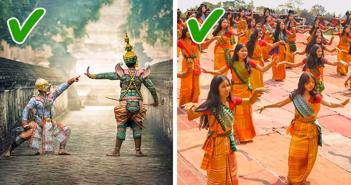 Các điệu nhảy. Mọi cử chỉ đều có ý nghĩa tượng trưng, trình tự cũng rất quan trọng. Vũ điệu lâu đời nhất là Bharatanatyam, đã hơn 5.000 năm tuổi. Kathakali là điệu nhảy của đàn ông. Trang phục và trang điểm đặc biệt phức tạp, những khuôn mặt được trang điểm giống như những chiếc mặt nạ. Điệu Manipuri phổ biến ở tây bắc Ấn Độ.