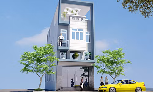 Nhà 3 tầng có gác lửng độc đáo từ hình khối tới cách bố trí cây xanh. Khối đua ra ở chính giữa nhà tạo điểm nhấn về kiến trúc. Ảnh: Angcovat.