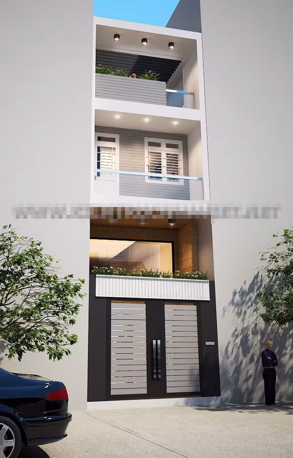 Nhà ống 3 tầng có tầng lửng chừa 2m làm sân trước để tạo sự thông thoáng cho mặt tiền ngôi nhà. Ảnh: Kientrucnhaviet.