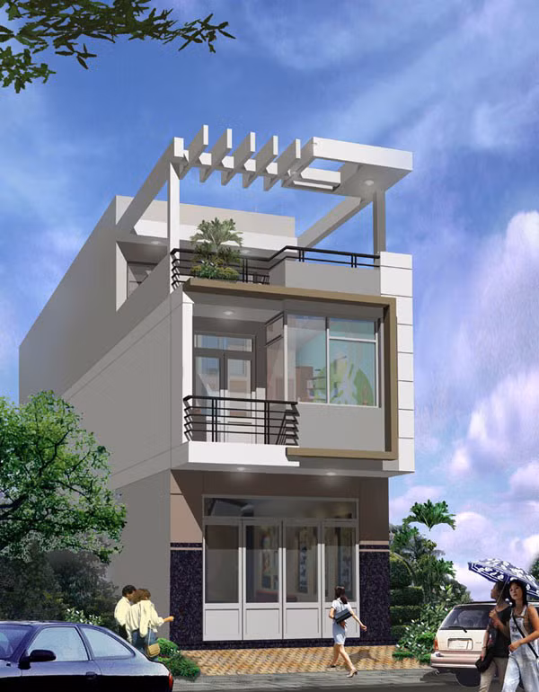  Nhà 3 tầng có gác lửng có tầng trệt là gara cùng với một khoảng sân nhỏ giữa nhà là giếng trời để lưu thông ánh sáng và không khí. Ảnh: Thietkethicongnhadep.