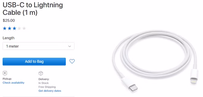 Với mức giá rẻ nhất cho adapter 29W là 49 USD, sợi cáp USB-C to Lightning dài 1m là 25 USD, người dùng sẽ phải bỏ ra tối thiểu 74 USD (gần 1,7 triệu đồng) nếu muốn sạc nhanh cho chiếc iPhone 8 của mình. Ảnh: Techz.